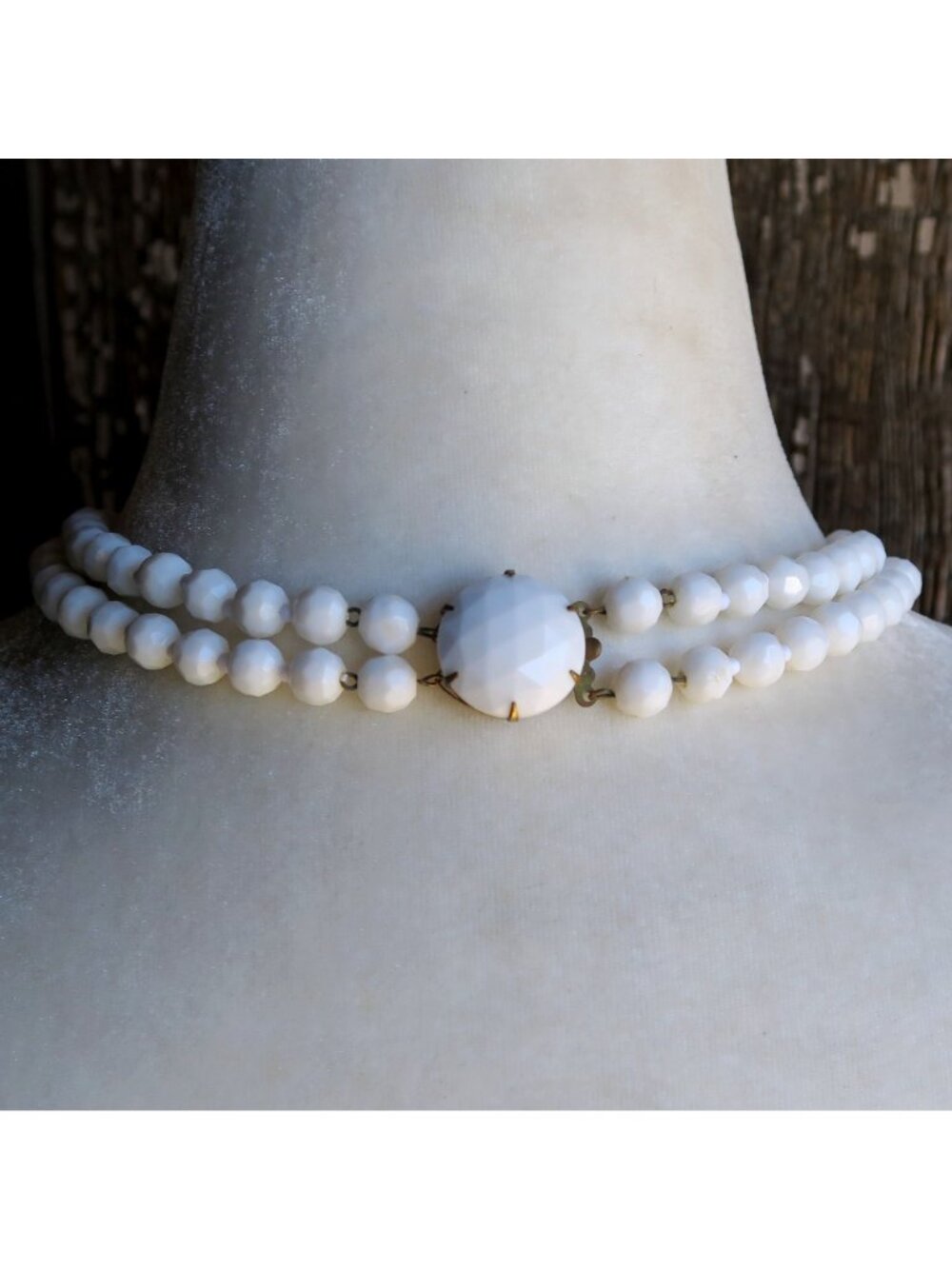 Vintage West Germany White Bead Necklace, Double Strand, 15", Faceted Detail - Picture 3 of 6